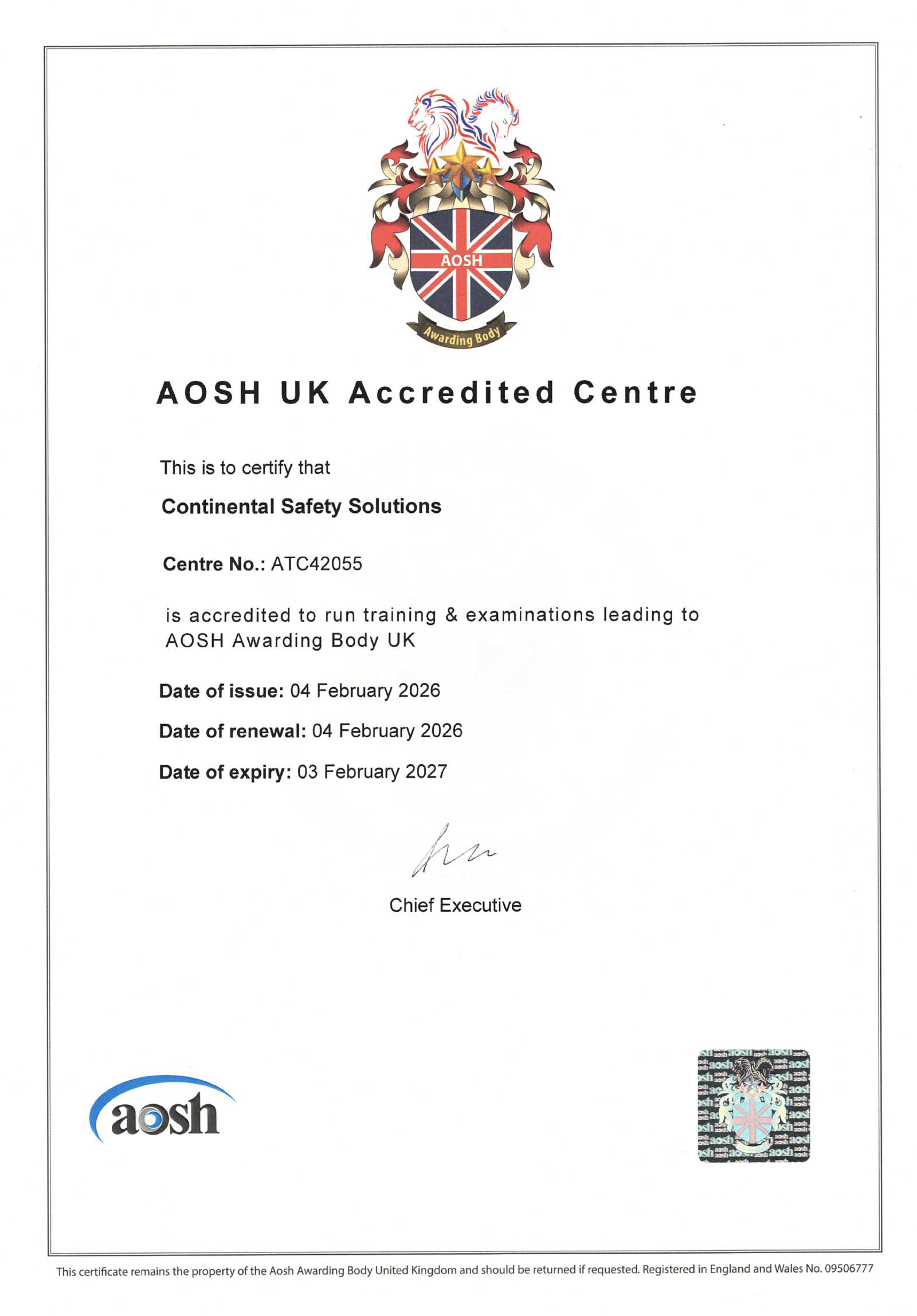 AOSh UK Accredited Centre Certificate