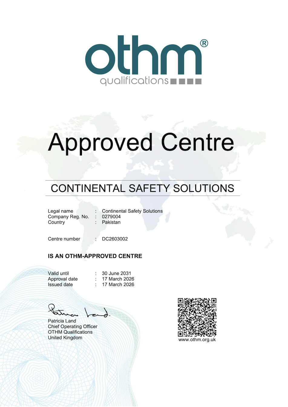 OTHM Qualifications Accreditation Certificate