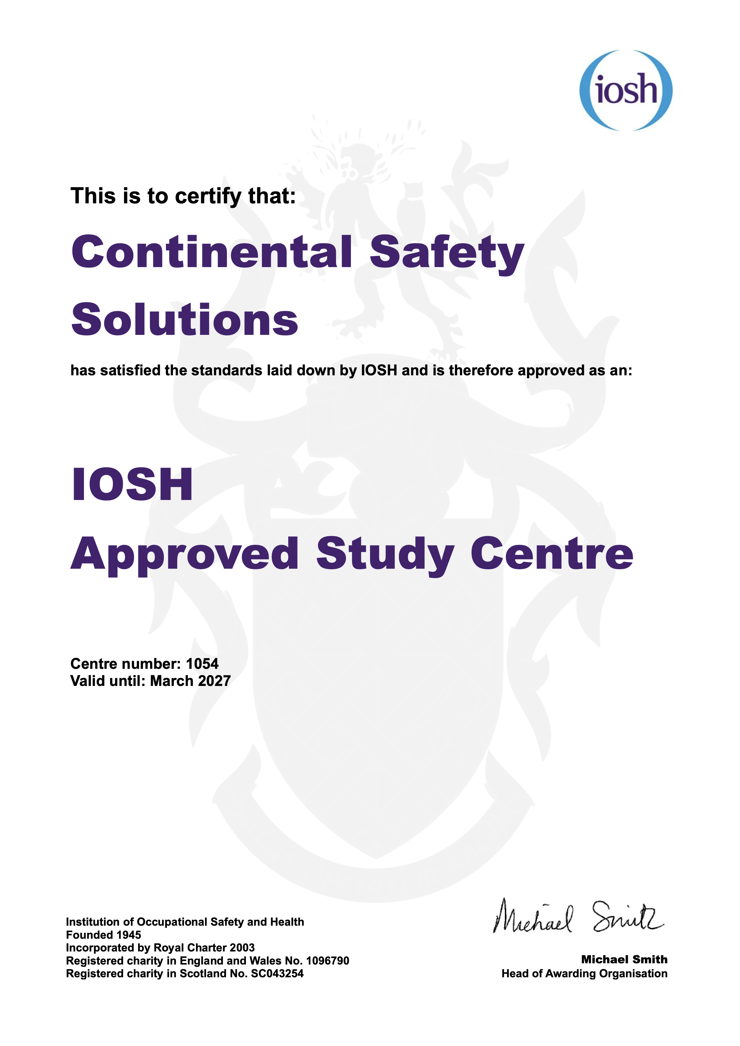 IOSH Approved Study Centre Certificate