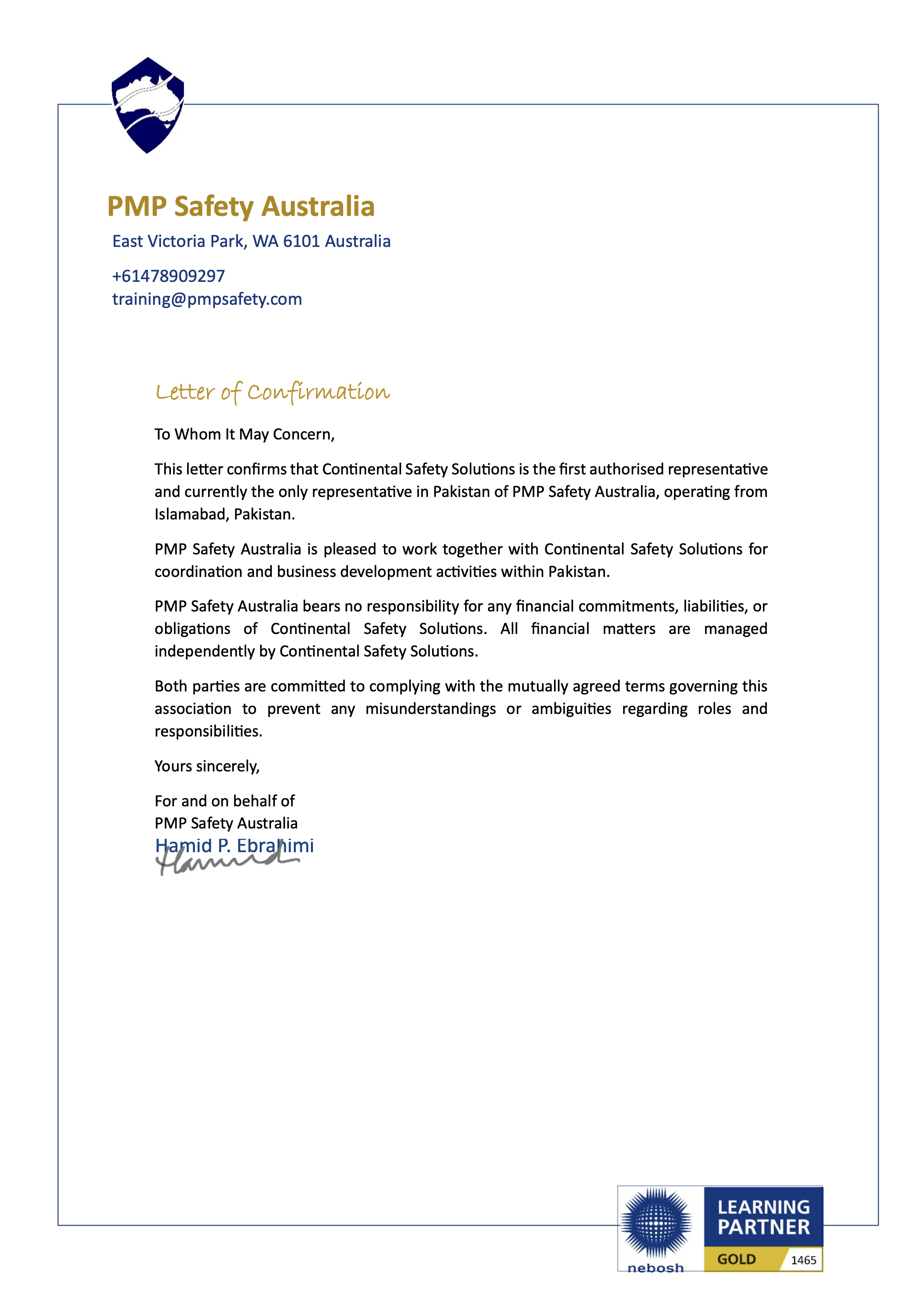 PMP Safety Australia Letter of Confirmation — Authorised Representative